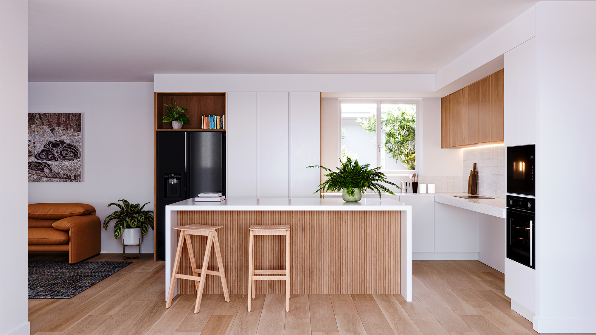 Internal kitchen with ultra modern design with light timber features, floorboards and accessible appliances