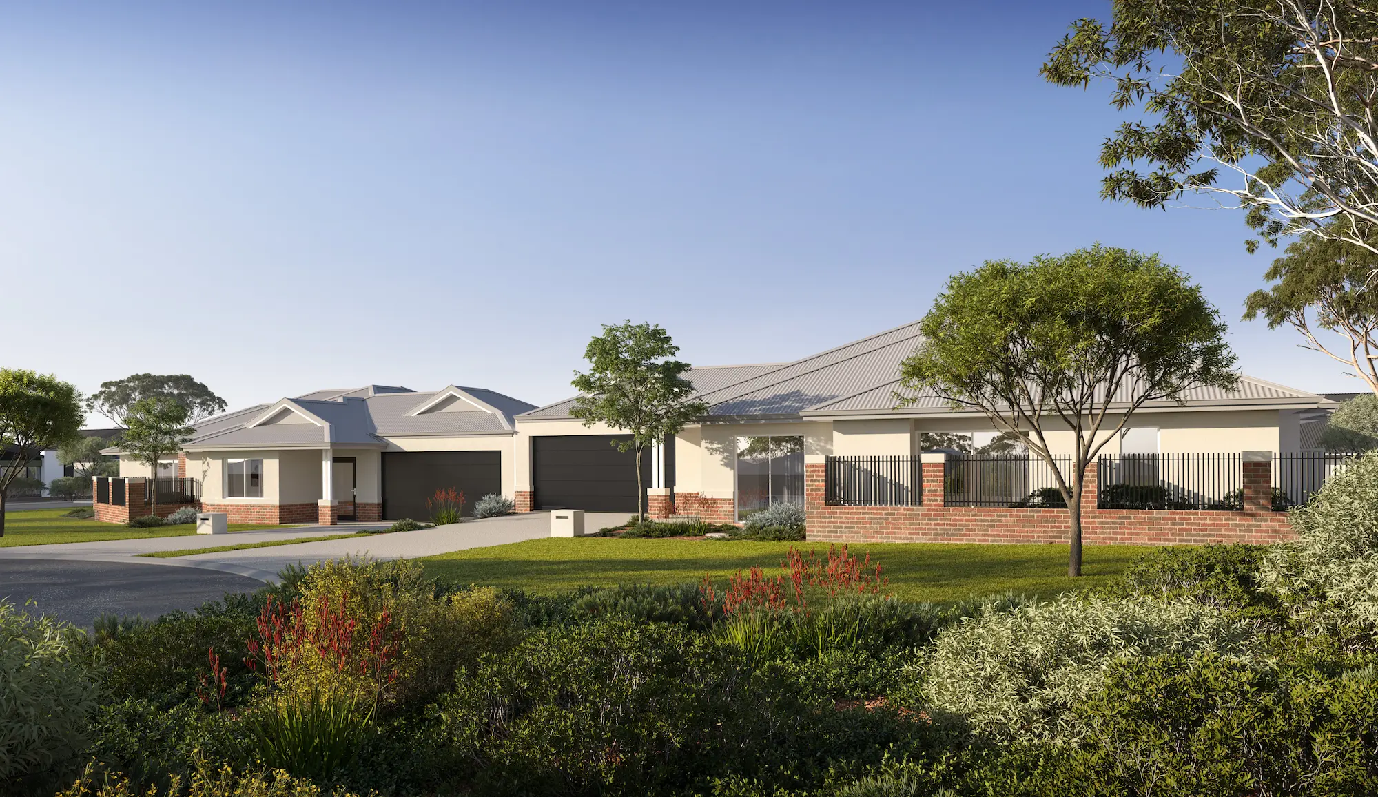 Front elevation of Nesti Housing Armadale display home at 9 Little John Road, Western Australia, showcasing brick-veneer façade and landscaped front garden.